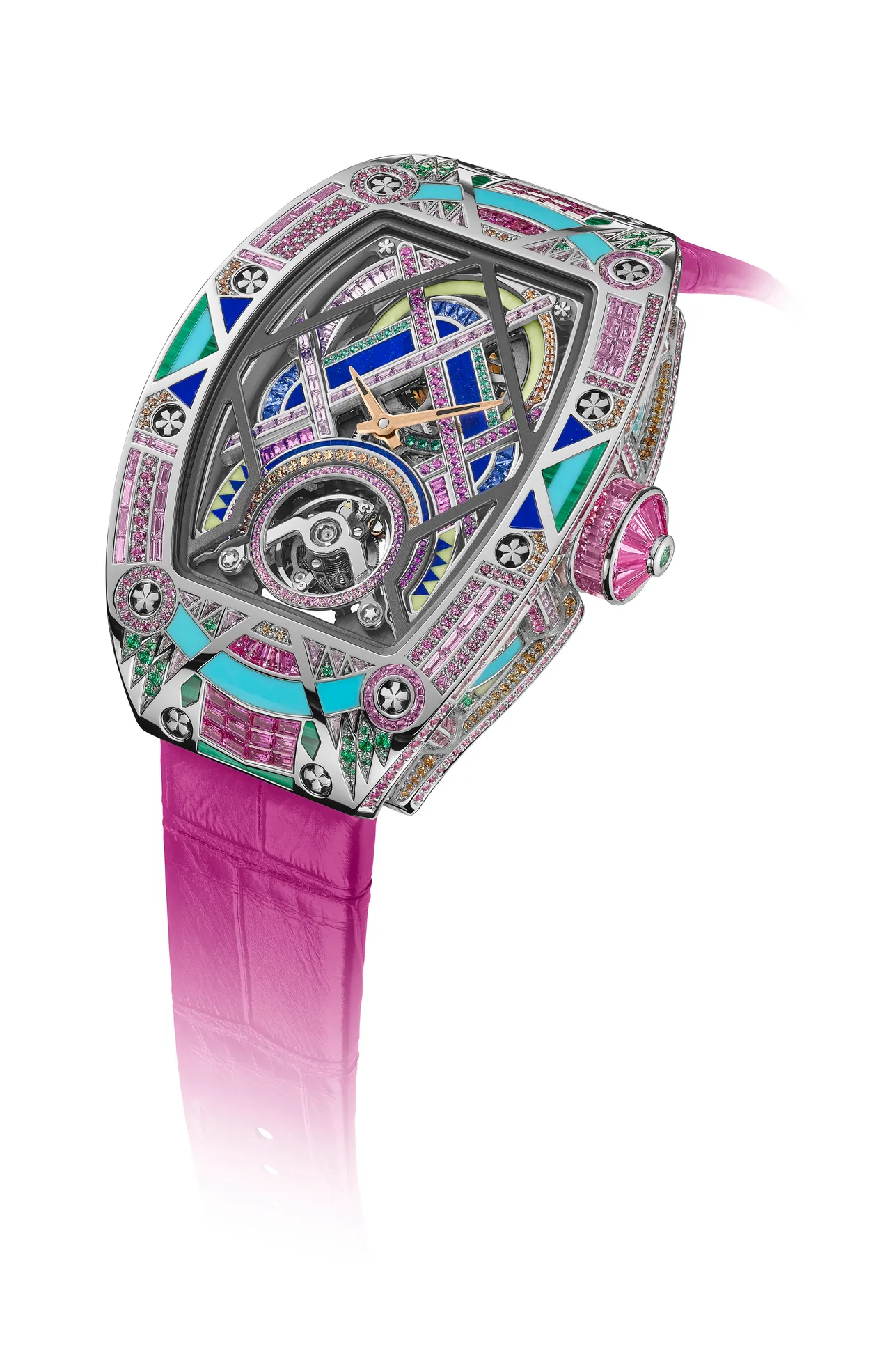 Richard Mille RM HJ-02 自製機芯自動上鍊陀飛輪腕錶，18K白金鑲嵌寶石與裝飾石材錶殼，鏤空鑲嵌寶石錶盤，CRMT2 自製自動上鍊陀飛輪鏤空機芯，動力儲存約50小時，防水深度50米，限量12只（每只均為獨一無二孤品）。品牌提供