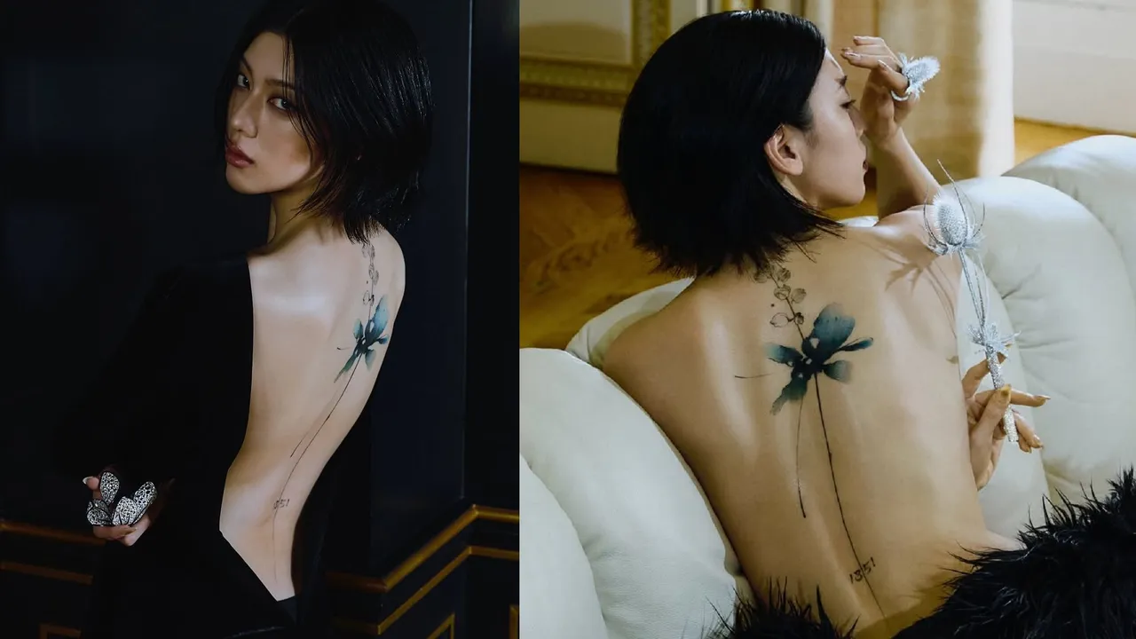三吉彩花背部刺了一朵藍綠色的花。翻攝三吉彩花IG