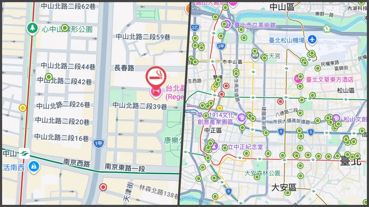 台北通APP可查找指定吸菸區，綠點為戶外開放式吸菸區，紅點為室內吸菸室，黃點則為戶外負壓吸菸室。圖取自台北通APP