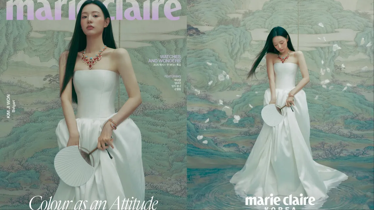 金智媛站在山水畫前變身古典美人。翻攝marieclairekorea IG