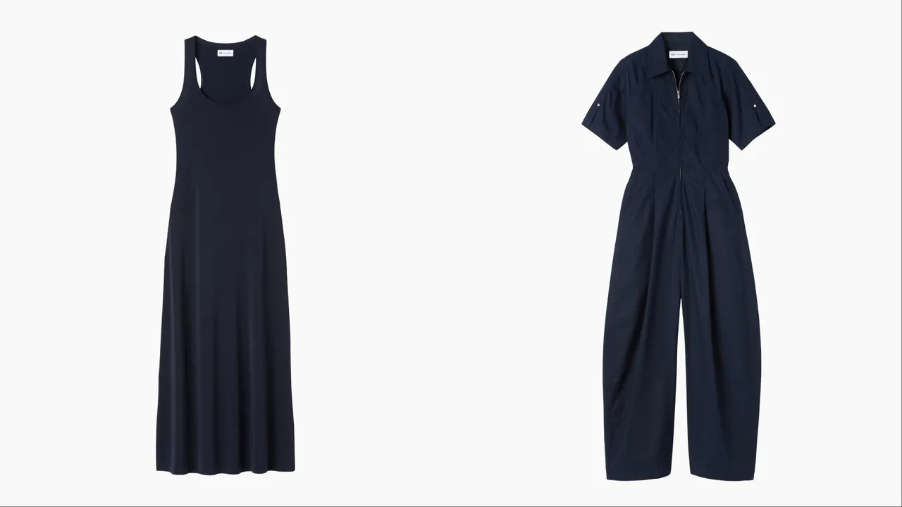 Victoria Beckham X Gap海軍藍彈性針織背心洋裝（左）2699元、海軍藍機能工裝連身褲（右），3999元。品牌提供