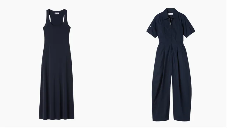 Victoria Beckham X Gap海軍藍彈性針織背心洋裝（左）2699元、海軍藍機能工裝連身褲（右），3999元。品牌提供