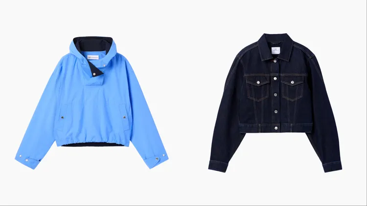 Victoria Beckham X Gap藍色短版夾克（左）、深色水洗立體剪裁短版牛仔外套（右），各3499元。品牌提供