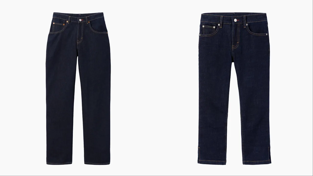 Victoria Beckham X Gap黑色寬鬆直筒牛仔褲（左）3299元、深色水洗復古低腰七分褲（右）2299元。品牌提供