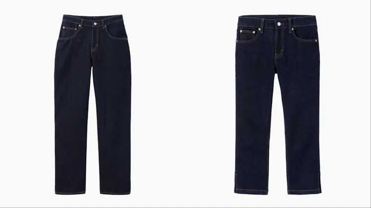 Victoria Beckham X Gap黑色寬鬆直筒牛仔褲（左）3299元、深色水洗復古低腰七分褲（右）2299元。品牌提供