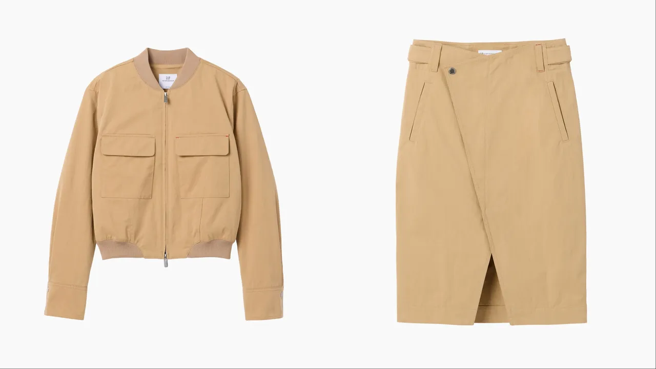 Victoria Beckham X Gap卡其色短版飛行員外套（左）4299元、卡其色工裝短裙（右）2999元。品牌提供