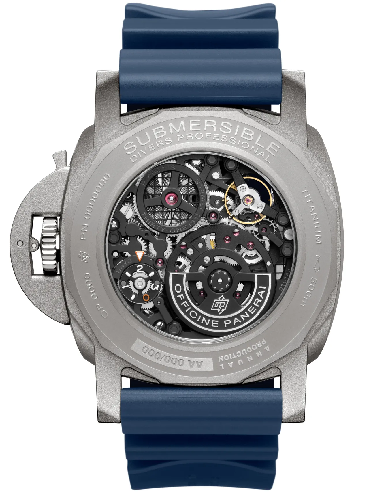 沛納海Submersible GMT 兩地時間腕錶 PAM01495，47mm，5級鈦金屬DMLS噴砂錶殼，鏤空結構錶盤，藍色橡膠錶帶，P.4001/S自動上鍊機械機芯，動力儲存72小時，防水深度約500米，151萬3000元。品牌提供
