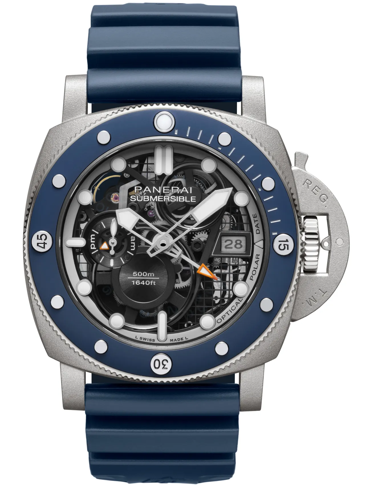 沛納海Submersible GMT 兩地時間腕錶 PAM01495，47mm，5級鈦金屬DMLS噴砂錶殼，鏤空結構錶盤，藍色橡膠錶帶，P.4001/S自動上鍊機械機芯，動力儲存72小時，防水深度約500米，151萬3000元。品牌提供
