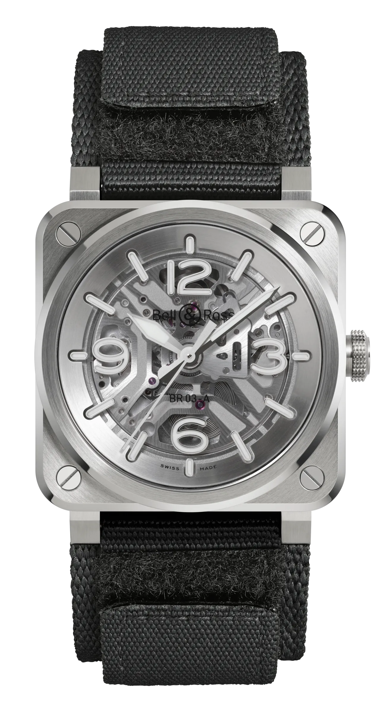 Bell & Ross BR-03 Skeleton Steel，41mm，緞面打磨及拋光不鏽鋼錶殼，鏤空透明夾板錶盤，黑色橡膠與超強韌黑色合成織布錶帶，BR-CAL.328自動機械機芯，動力儲存54小時，防水深度100米，18萬5000元。品牌提供
