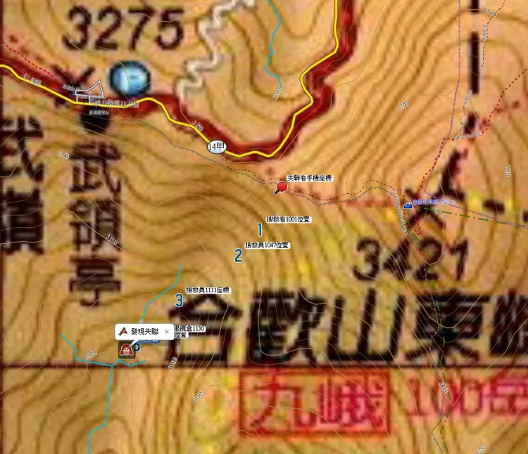 女山友在手機位置下方的溪谷旁尋獲。民眾提供