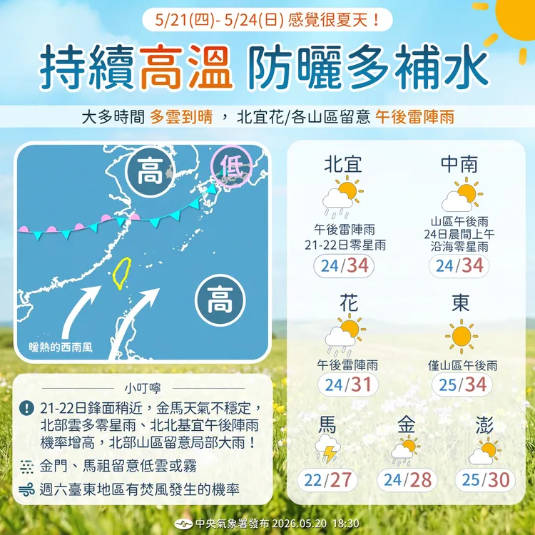 週四至週末天氣悶熱，留意午後雷陣雨。中央氣象署