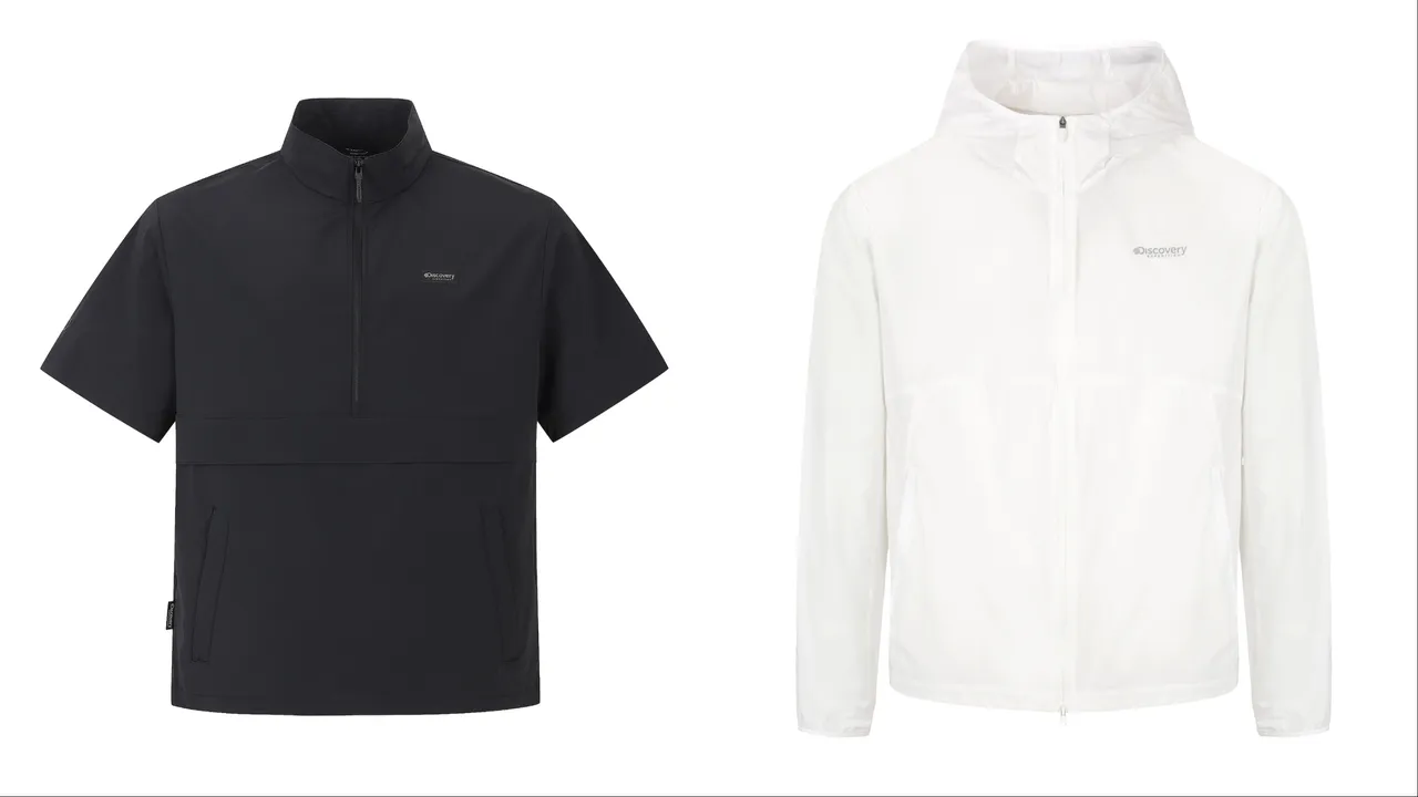 Discovery Expedition Freshvent輕量梭織立領短袖風衣（左）3790元、Pertex輕量防風外套 （右）6390元。品牌提供