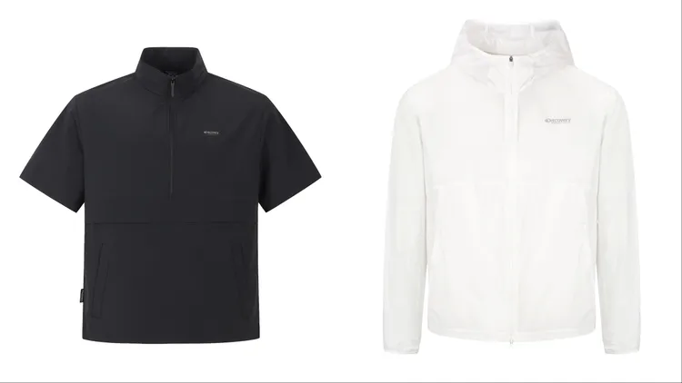 Discovery Expedition Freshvent輕量梭織立領短袖風衣（左）3790元、Pertex輕量防風外套 （右）6390元。品牌提供