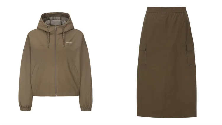 Discovery Expedition BERTEX 2L短版連帽外套（左）5190元、Freshvent降落傘工裝長裙（右）3490元。品牌提供