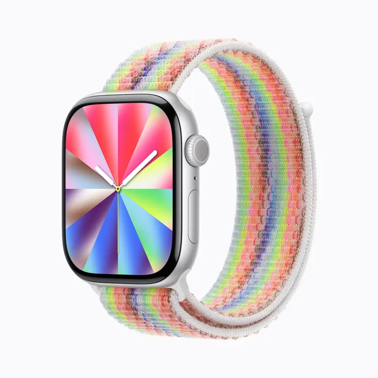 Apple 2026年驕傲特別版運動型錶環，採用11種彩虹色尼龍紗線編織，搭配全新Pride Luminance錶面，以動態光影與放射、垂直兩種幾何設計呈現多元與個體特色。Apple提供
