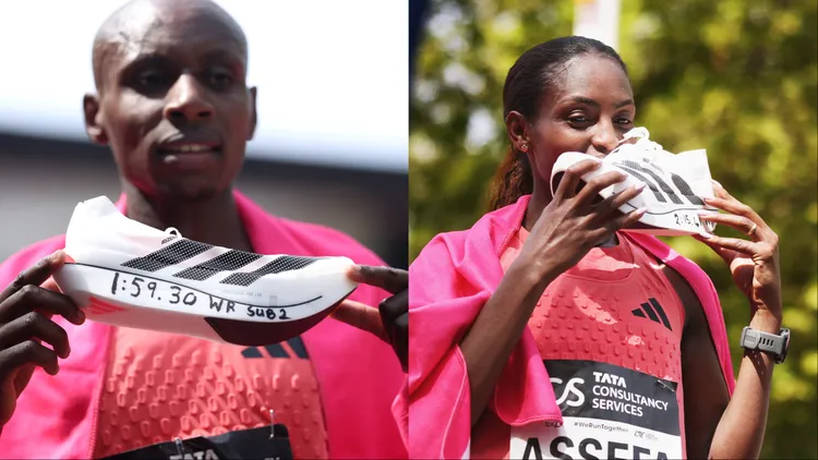 除了Sabastian Sawe（左），倫敦馬拉松女子組冠軍Tigist Assefa（右）同樣穿著ADIZERO ADIOS PRO EVO 3。品牌提供
