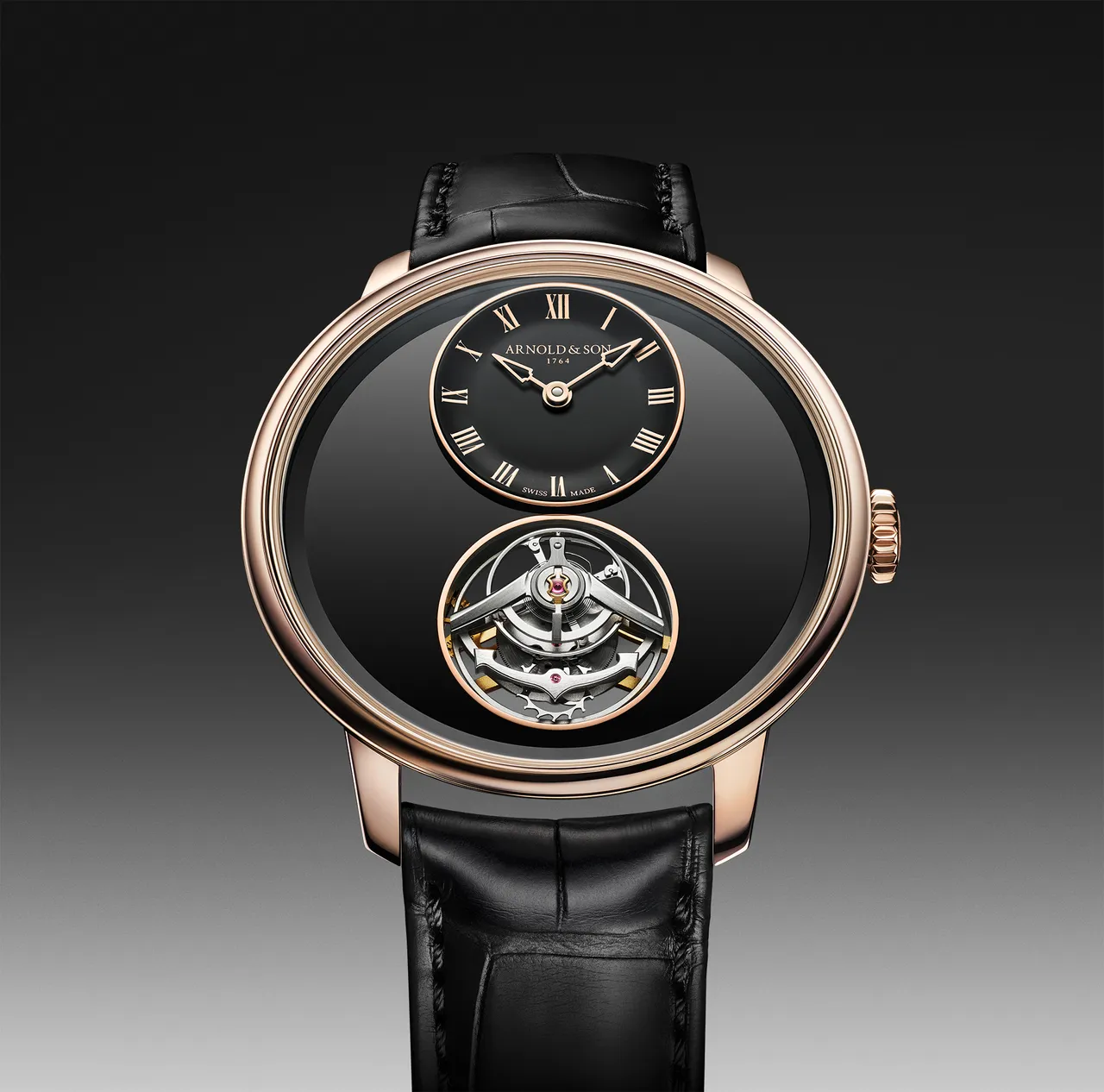 Arnold & Son Ultrathin Tourbillon縞瑪瑙超薄陀飛輪腕錶，41.5mm，18K（5N）紅金錶殼，黑色縞瑪瑙（拋光與霧面處理）錶盤，黑色短吻鱷魚皮錶帶（內襯黑色短吻鱷魚皮），A&S8300手動上鍊機械機芯，動力儲存100小時，防水深度30米，限量8只，7萬4600瑞士法郎 (約299萬元台幣)。 品牌提供