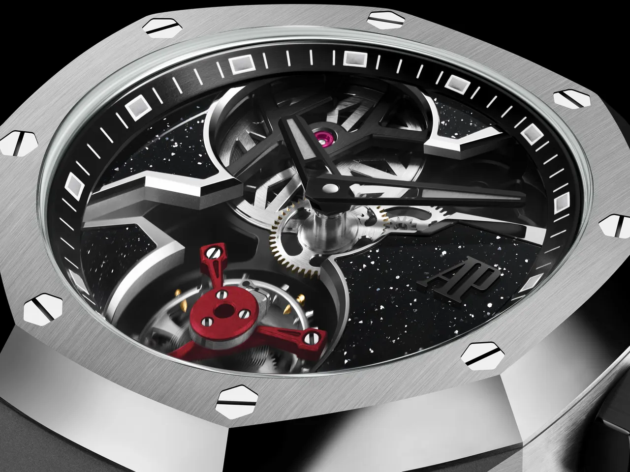  AP Royal Oak Concept 皇家橡樹概念系列飛行陀飛輪腕錶，38.5mm，鈦金屬錶殼，黑色砂金石錶盤，易換式橡膠錶帶，2982 手動上鏈機芯，動力儲存72小時，防水深度20米，全橋限量150只。品牌提供
