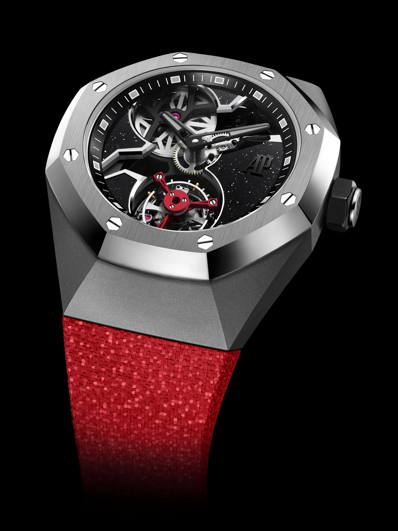  AP Royal Oak Concept 皇家橡樹概念系列飛行陀飛輪腕錶，38.5mm，鈦金屬錶殼，黑色砂金石錶盤，易換式橡膠錶帶，2982 手動上鏈機芯，動力儲存72小時，防水深度20米，全橋限量150只。品牌提供
