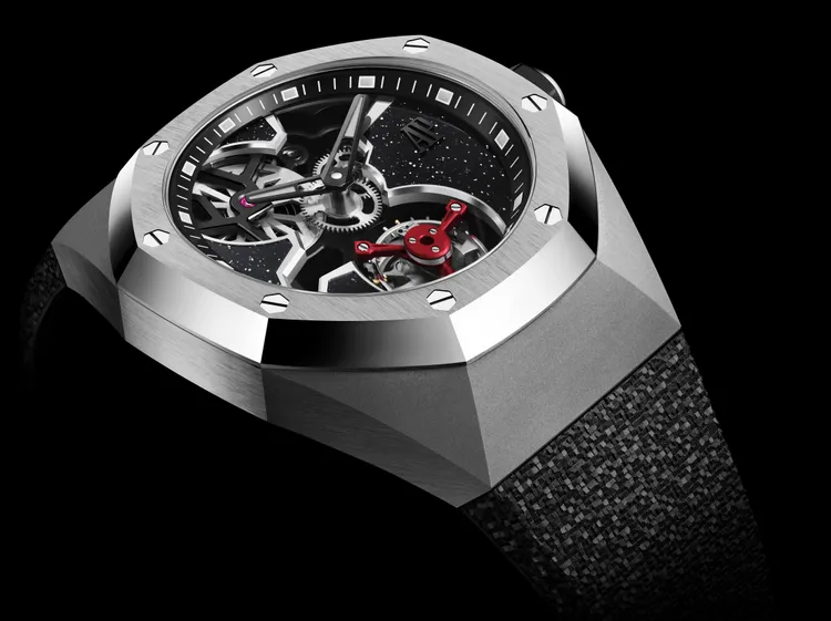  AP Royal Oak Concept 皇家橡樹概念系列飛行陀飛輪腕錶，38.5mm，鈦金屬錶殼，黑色砂金石錶盤，易換式橡膠錶帶，2982 手動上鏈機芯，動力儲存72小時，防水深度20米，全橋限量150只。品牌提供
