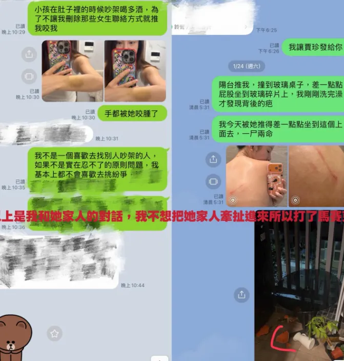 阿順與薔妹家人傳訊內容，裡面有她被家暴受傷照。翻攝阿順Threads