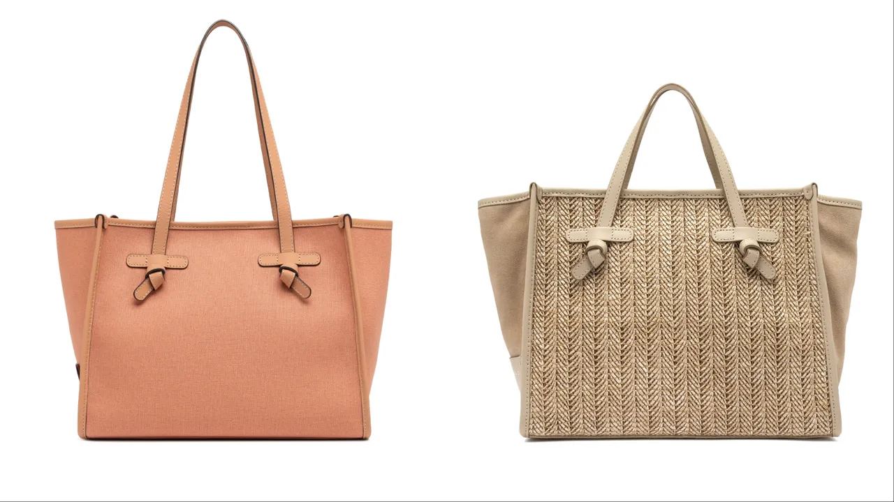 Gianni Chiarini Marcella中型帆布托特包（左）8200元、中型草編麂皮拼接托特包  （右）1萬4800元。品牌提供