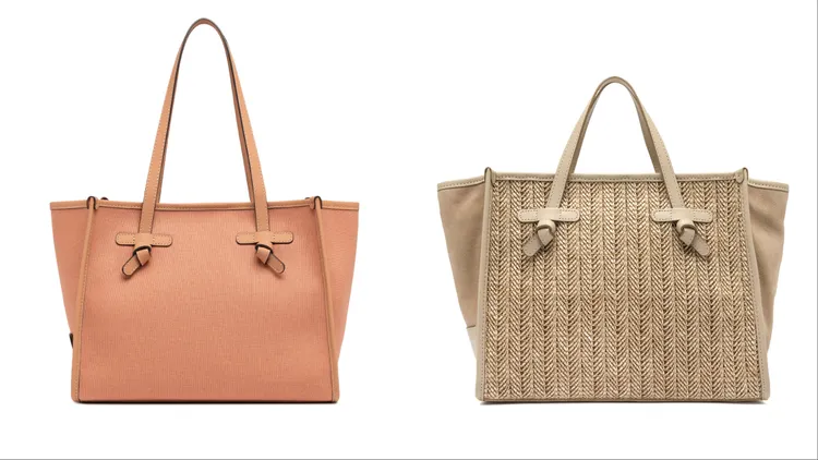 Gianni Chiarini Marcella中型帆布托特包（左）8200元、中型草編麂皮拼接托特包  （右）1萬4800元。品牌提供
