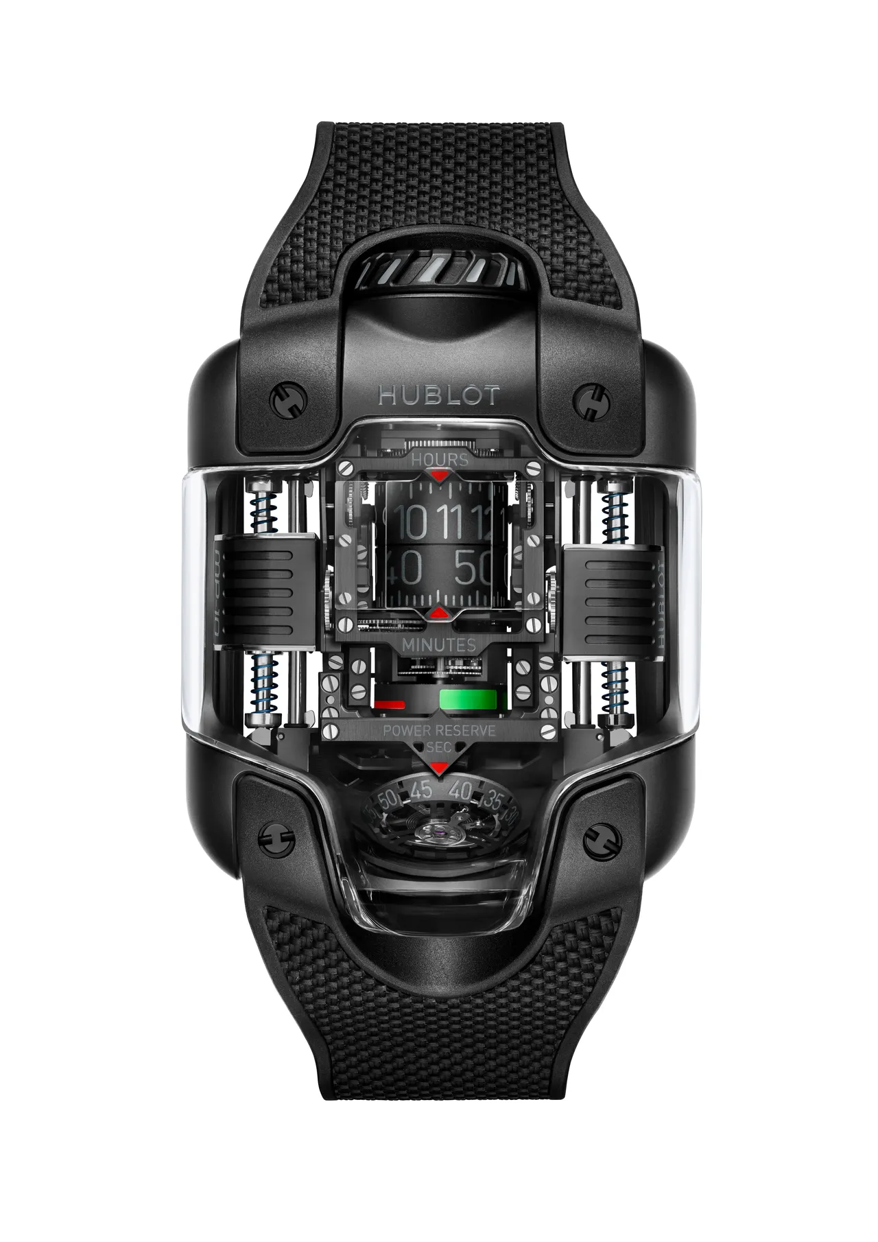 HUBLOT MP-10雙垂直上鍊陀飛輪All Black玄影黑陶瓷腕錶，51.5 x 41.5mm，微噴砂黑色陶瓷錶殼，黑色立體結構橡膠錶帶，HUB9013自動上鍊動力儲存鏤空機芯，搭載傾斜35°的陀飛輪裝置，動力儲存48小時，防水深度30米，限量50只，1069萬6000元。品牌提供