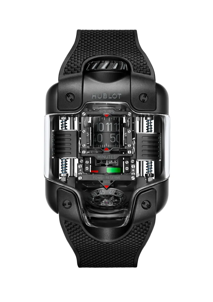 HUBLOT MP-10雙垂直上鍊陀飛輪All Black玄影黑陶瓷腕錶，51.5 x 41.5mm，微噴砂黑色陶瓷錶殼，黑色立體結構橡膠錶帶，HUB9013自動上鍊動力儲存鏤空機芯，搭載傾斜35°的陀飛輪裝置，動力儲存48小時，防水深度30米，限量50只，1069萬6000元。品牌提供