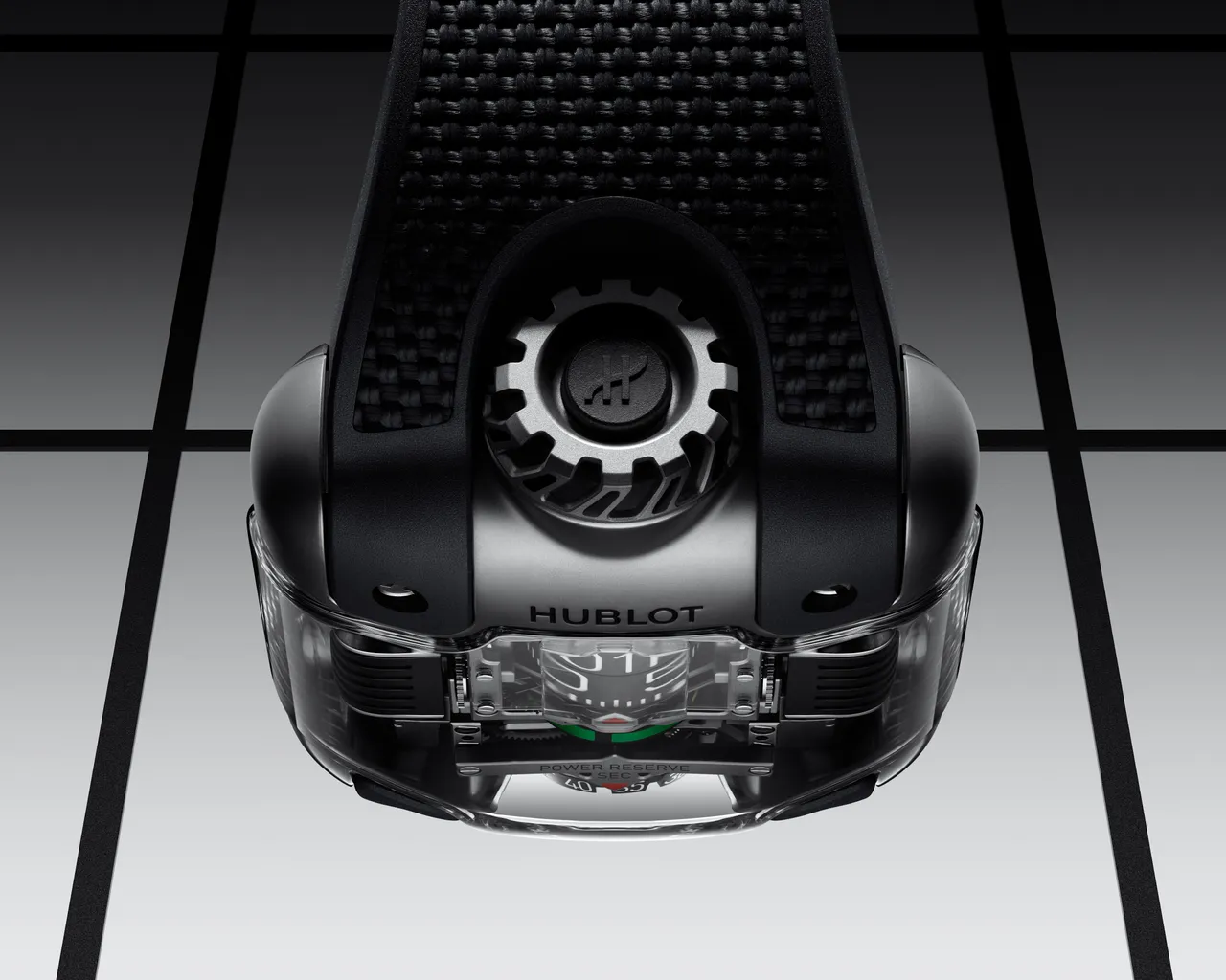 HUBLOT MP-10雙垂直上鍊陀飛輪腕錶錶冠。品牌提供