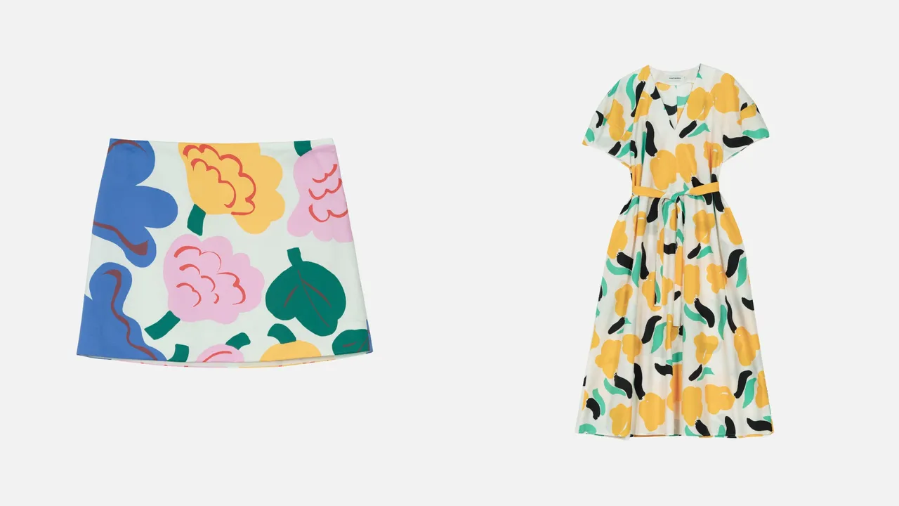 Marimekko Kukasta kukkaan花間漫舞印花短裙（左）9900元、檸檬黃Lemmitty印花澎袖長洋裝（右）1萬6900元。品牌提供