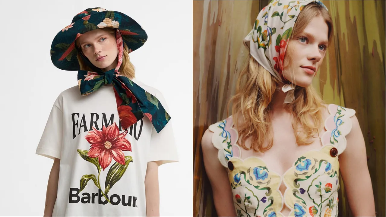 Barbour x FARM Rio 2026春夏聯名系列Wild Flower印花寬帽（左）5400元、Azelia棉質方巾 （右）3600元。品牌提供