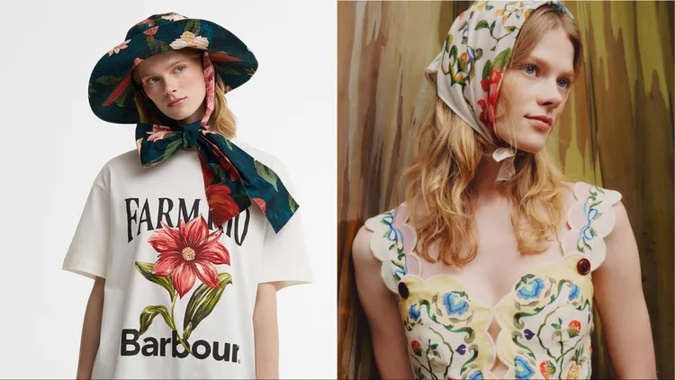 Barbour x FARM Rio 2026春夏聯名系列Wild Flower印花寬帽（左）5400元、Azelia棉質方巾 （右）3600元。品牌提供