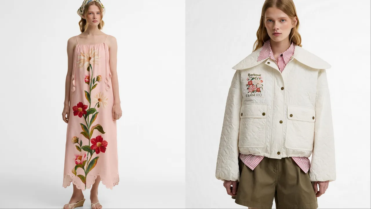 Barbour x FARM Rio 2026春夏聯名系列Bromelia印花洋裝（左）1萬5000元、Lotus絎縫外套 （右）1萬5600元。品牌提供