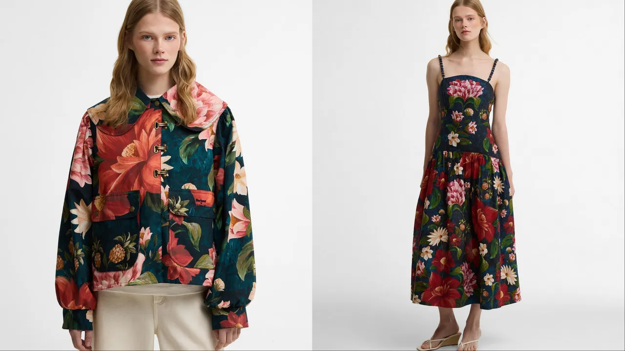 Barbour x FARM Rio 2026春夏聯名系列Wild Flower印花休閒外套（左）1萬7000元、Wild Flower印花洋裝（右）1萬6800元。品牌提供
