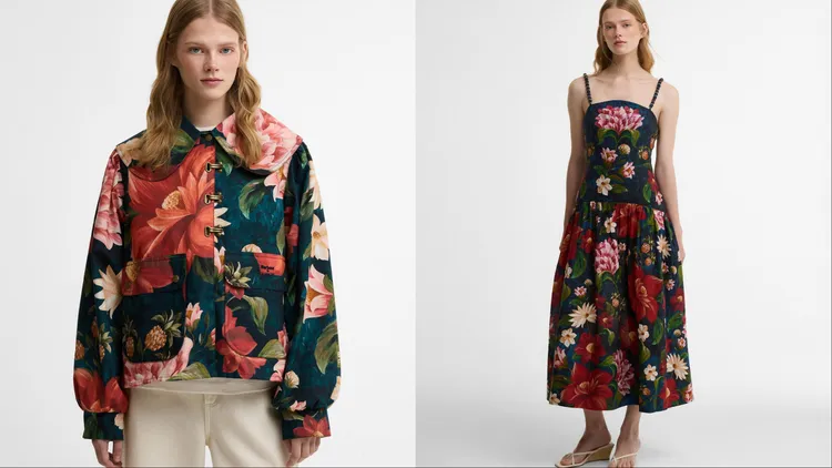 Barbour x FARM Rio 2026春夏聯名系列Wild Flower印花休閒外套（左）1萬7000元、Wild Flower印花洋裝（右）1萬6800元。品牌提供