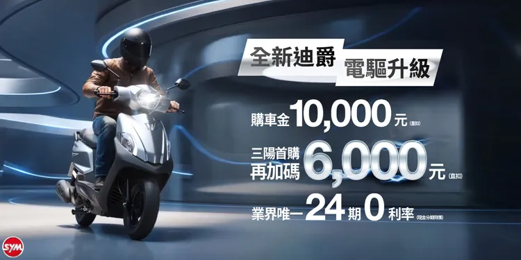 SYM全新迪爵125電驅版即日起至2026年6月30日止，提供最高1萬元購車金與三陽加碼6,000元優惠。業者提供