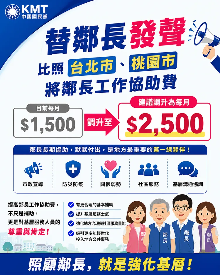 明年起鄰長工作協助費由每月1500元提高至2500元。蔡淑君服務處提供