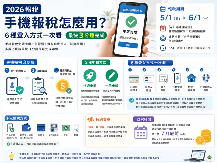 2026年報稅季登場，手機報稅流程再簡化，從登入驗證、資料確認到繳（退）稅三步驟即可完成申報，支援6種登入方式與多元繳稅選項，多數民眾最快3分鐘完成，符合條件者還可望於7月底前領到首批退稅款。ChatGPT製圖
