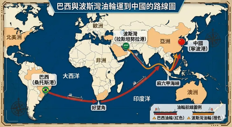 自巴西與波斯灣油輪運抵中國的航線圖。AI生成經編輯審核