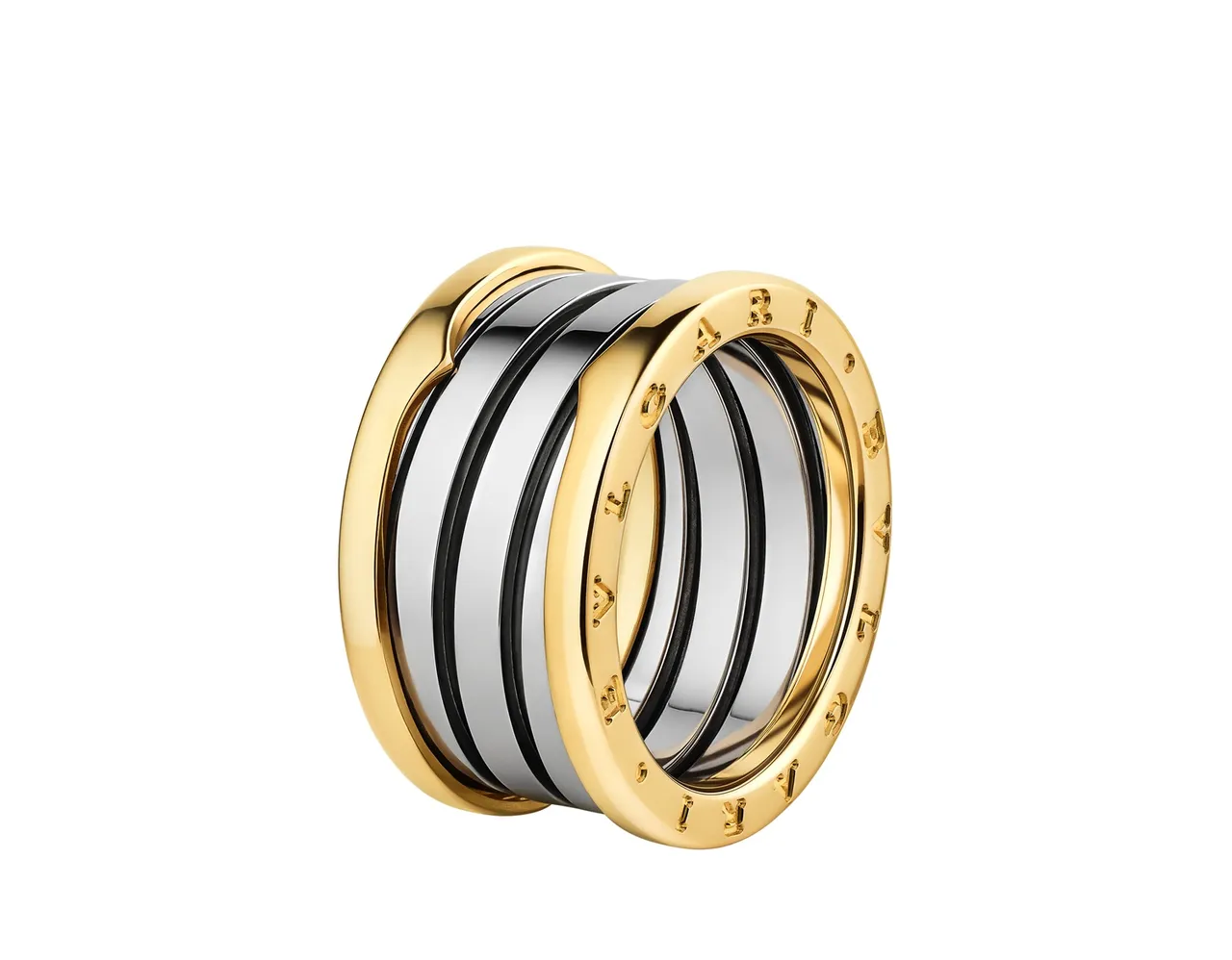BVLGARI B.zero1系列黃金與精鋼四環戒指。品牌提供