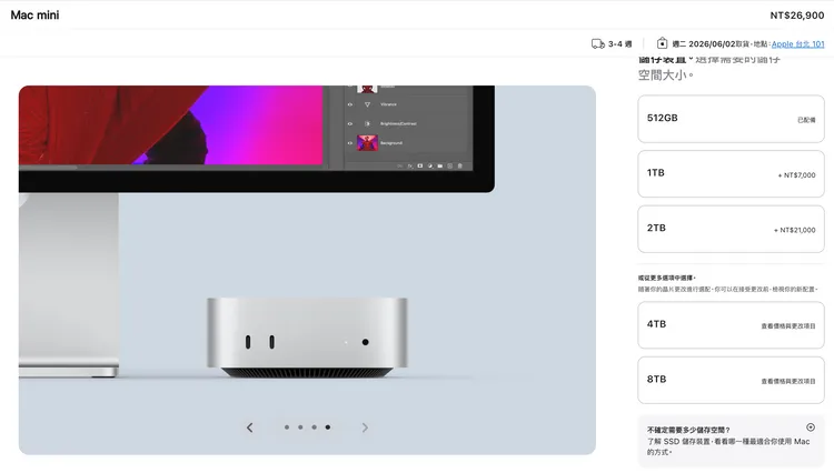 Apple台灣官網顯示，Mac mini目前最低儲存容量已由原本19,900元的256GB改為512GB、售價26,900元，也意味著入手門檻同步提高。Apple官網