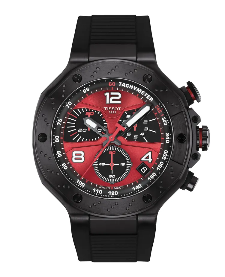 天梭MotoGP™石英計時腕錶限量版，45mm，316L精鋼錶圈，瑞士原廠EOL石英計時機芯，防水深度100米，限量8000只，2萬2700元。品牌提供。