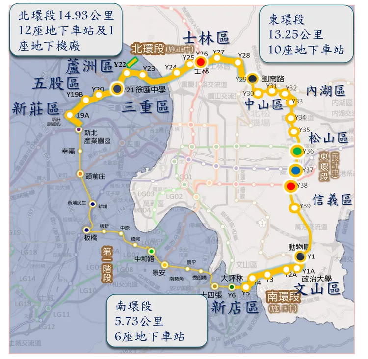 台北捷運環狀線北環段及南環段路線方案示意圖。翻攝自北市捷運工程局網站