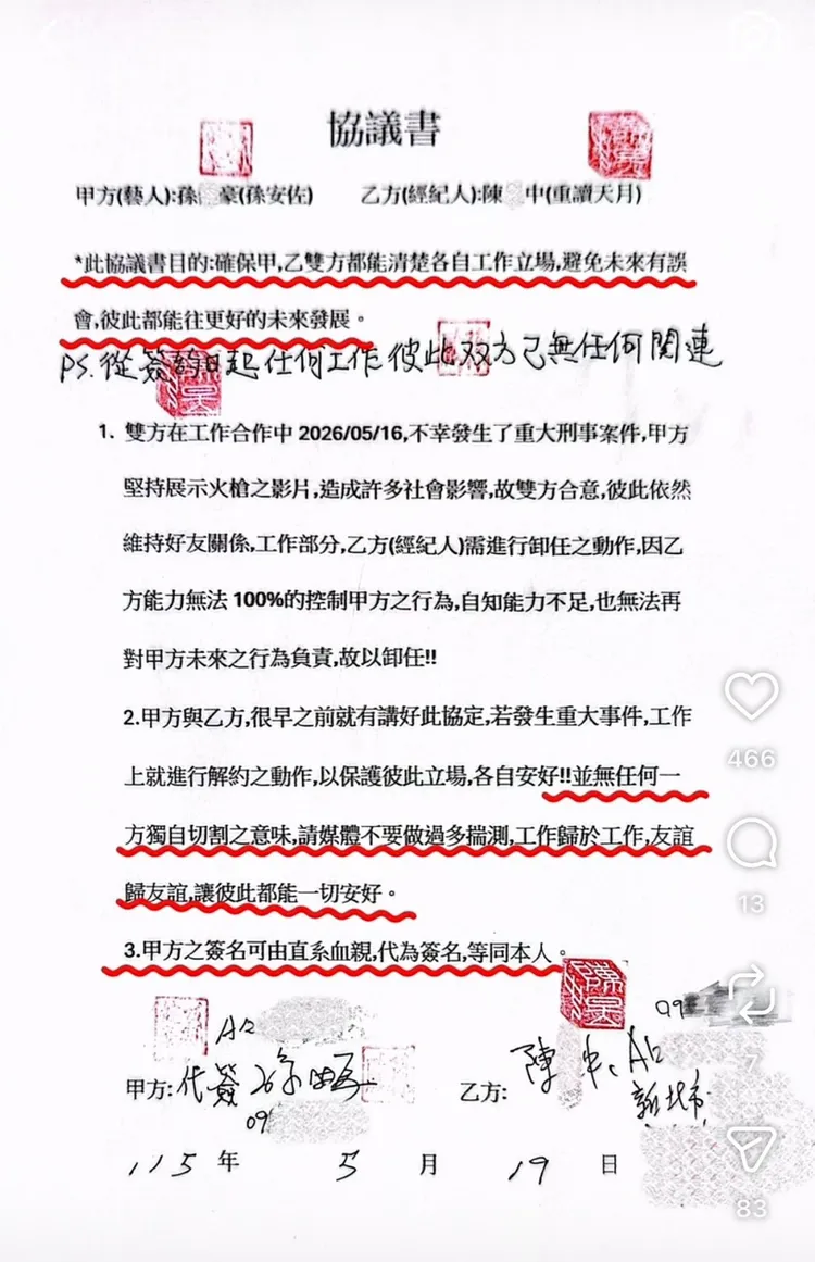 重讀天月和孫鵬19日碰面簽署的協議書。翻攝重讀天月IG