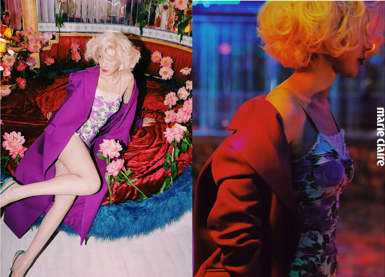 楊謹華換上Chloé玫瑰印花褶皺連身衣、高腰泳裙，外搭Balenciaga紫色大衣。《Marie Claire美麗佳人》國際中文版提供