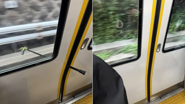 老人被火車夾著走的拐杖，在抵達下一站之前就掉落。翻攝自ひなたX