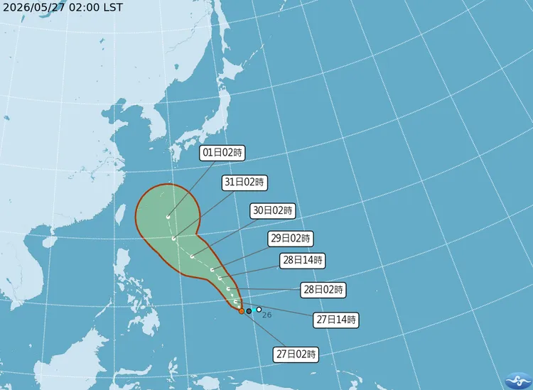 熱帶低壓位於關島西南方海面，朝北北西方向移動，預估今天將增強為今年第6號輕度颱風「薔蜜」。中央氣象署