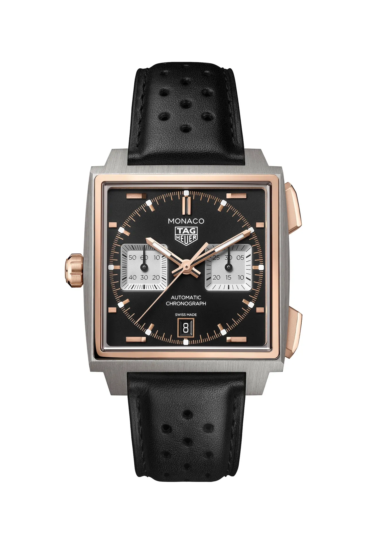 TAG Heuer Monaco左冠計時腕錶曜金黑款，
42萬1000元。品牌提供