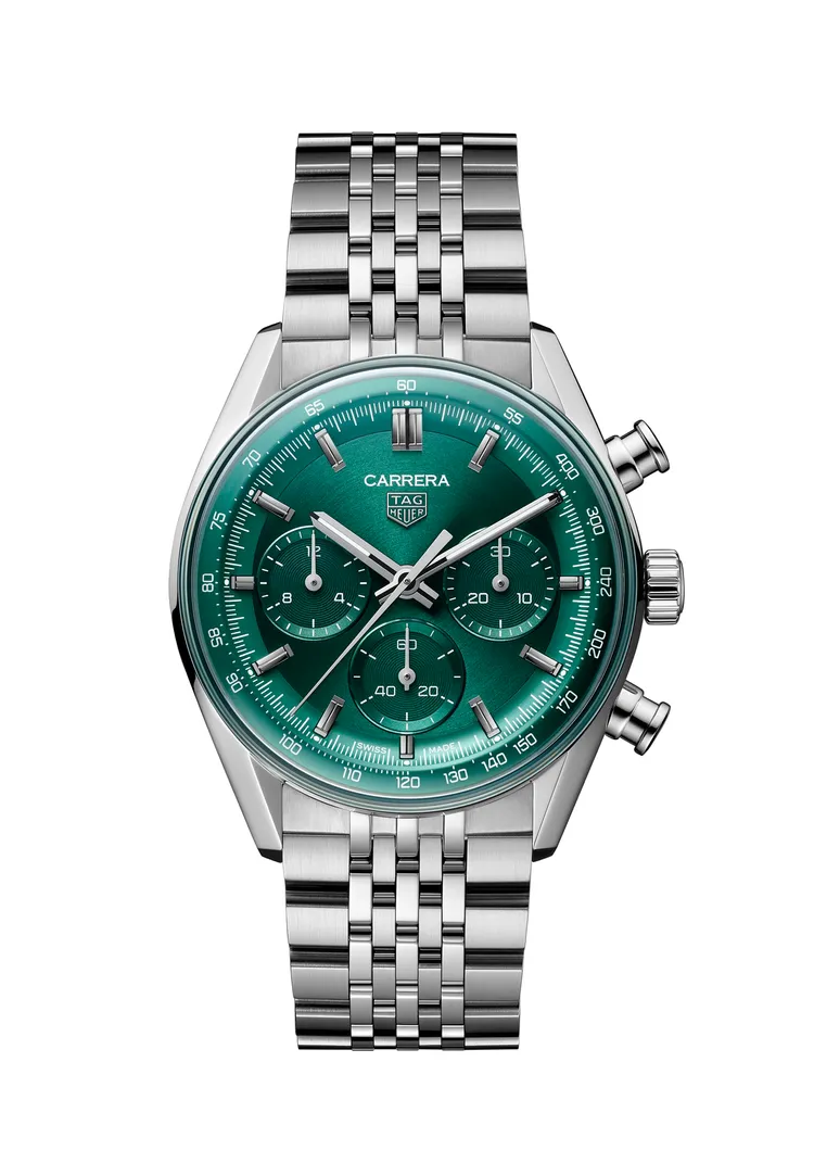 TAG Heuer Carrera 計時腕錶41毫米湖水綠面款，25萬6700元。品牌提供